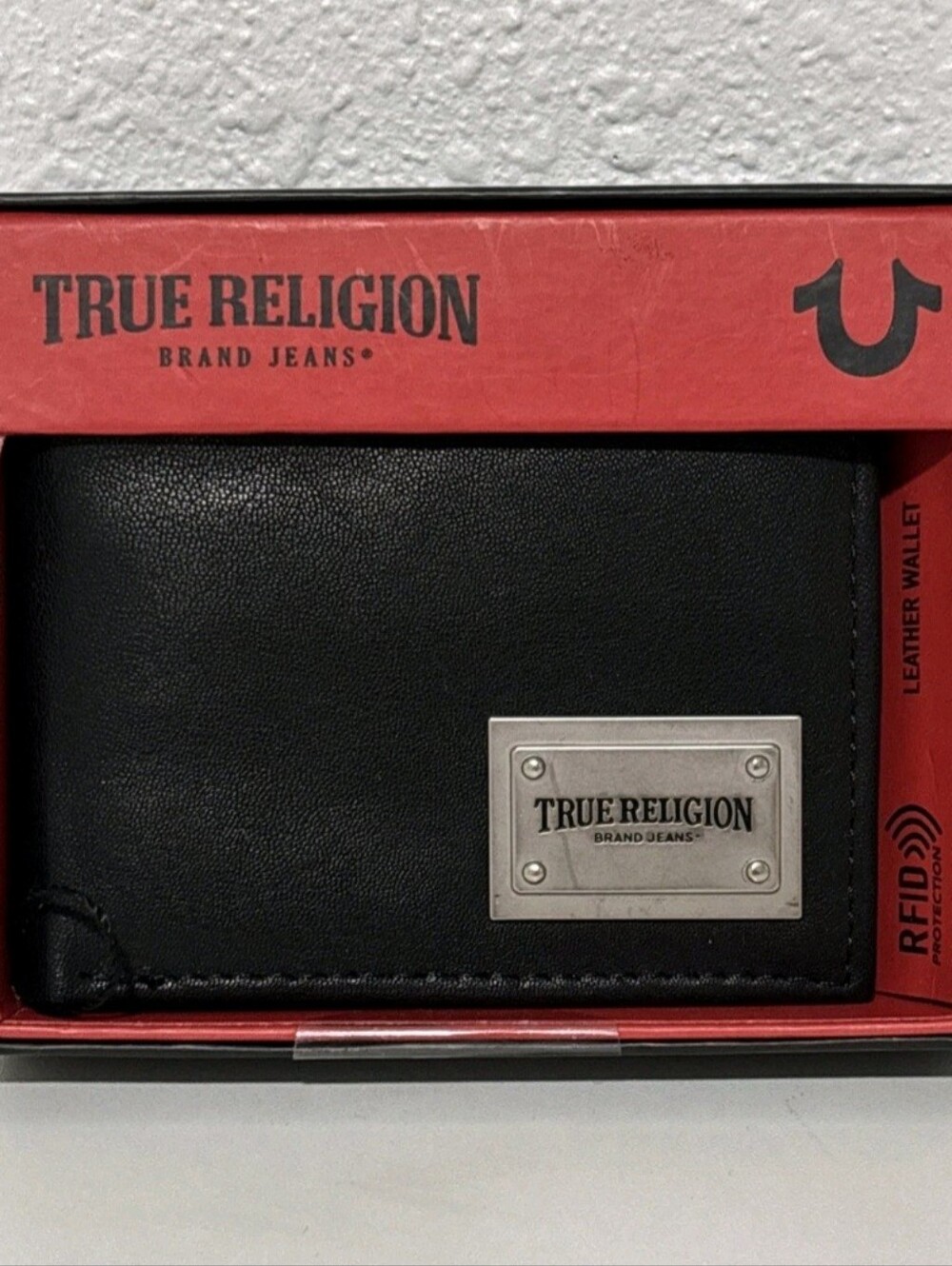 Genuine Leather RFIED Protection Men’s Black Bifold Wallet  Red Logo NEW